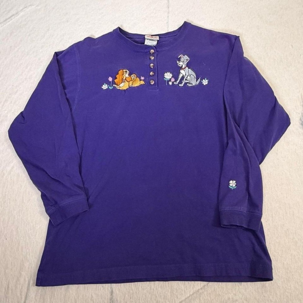 Disney Store Lady & Tramp Shirt Womens M Purple Embroidered Henley Long Sleeve